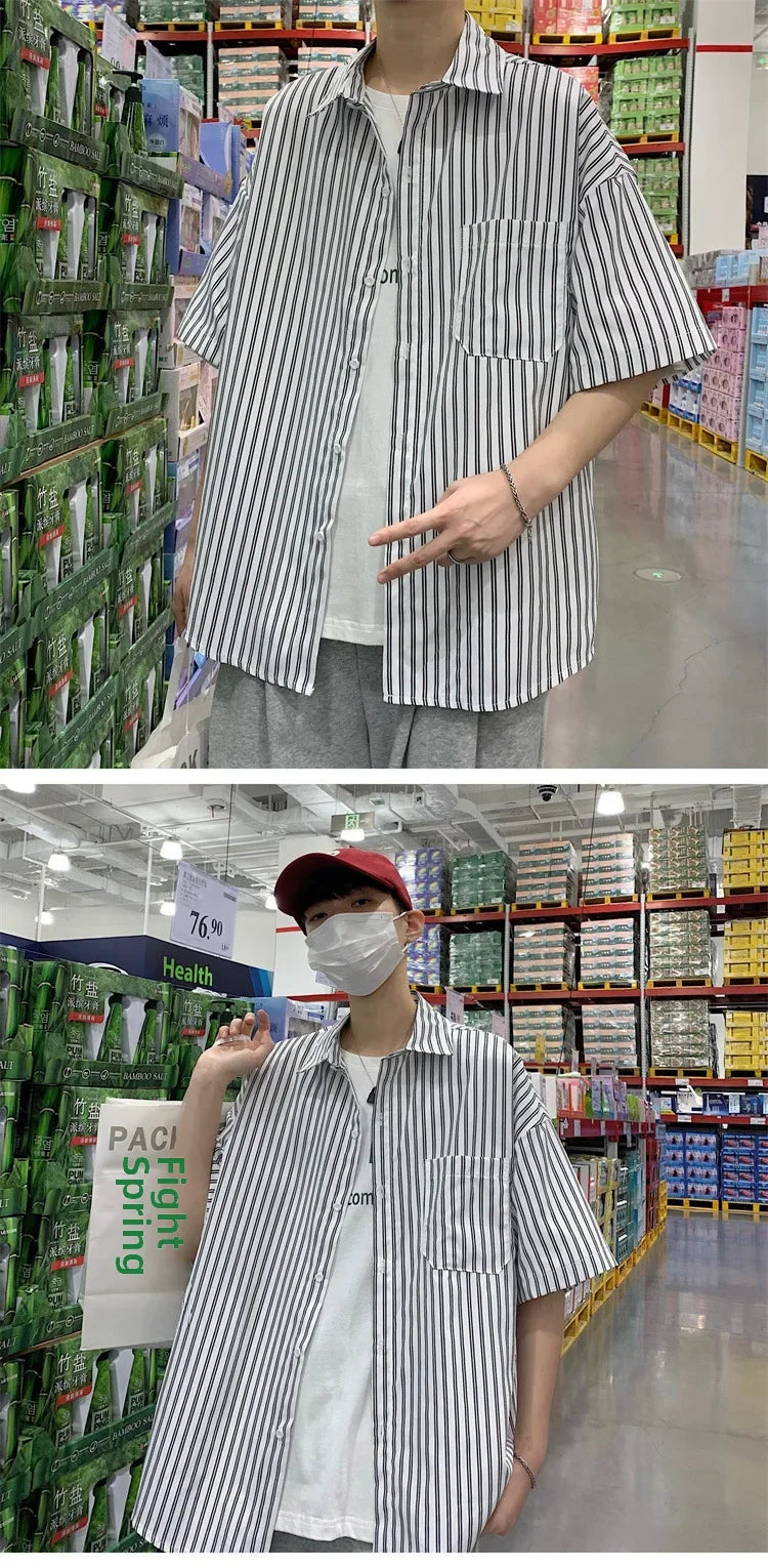 Japanese Style Simple Striped Short Sleeve Shirt For Men Summer Korean Trendy Loose Fit Casual Jacket voguable