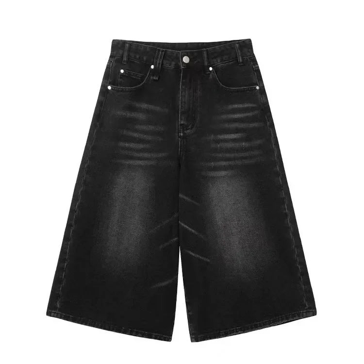 Voguable  Vintage Washed Black Denim Pants Women 2024 Summer High Waist Loose Wide Leg Y2k E-Girl Unisex A-line Calf- Length Chic voguable