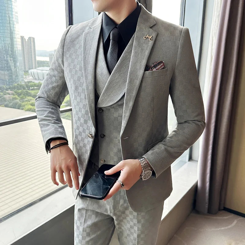 Voguable （Jacket+Vest+Pants）Classic Plaid Korean Slim-fit Men's High-end Banquet Dress Suit Fashion Men Formal Business Social Host Suit voguable