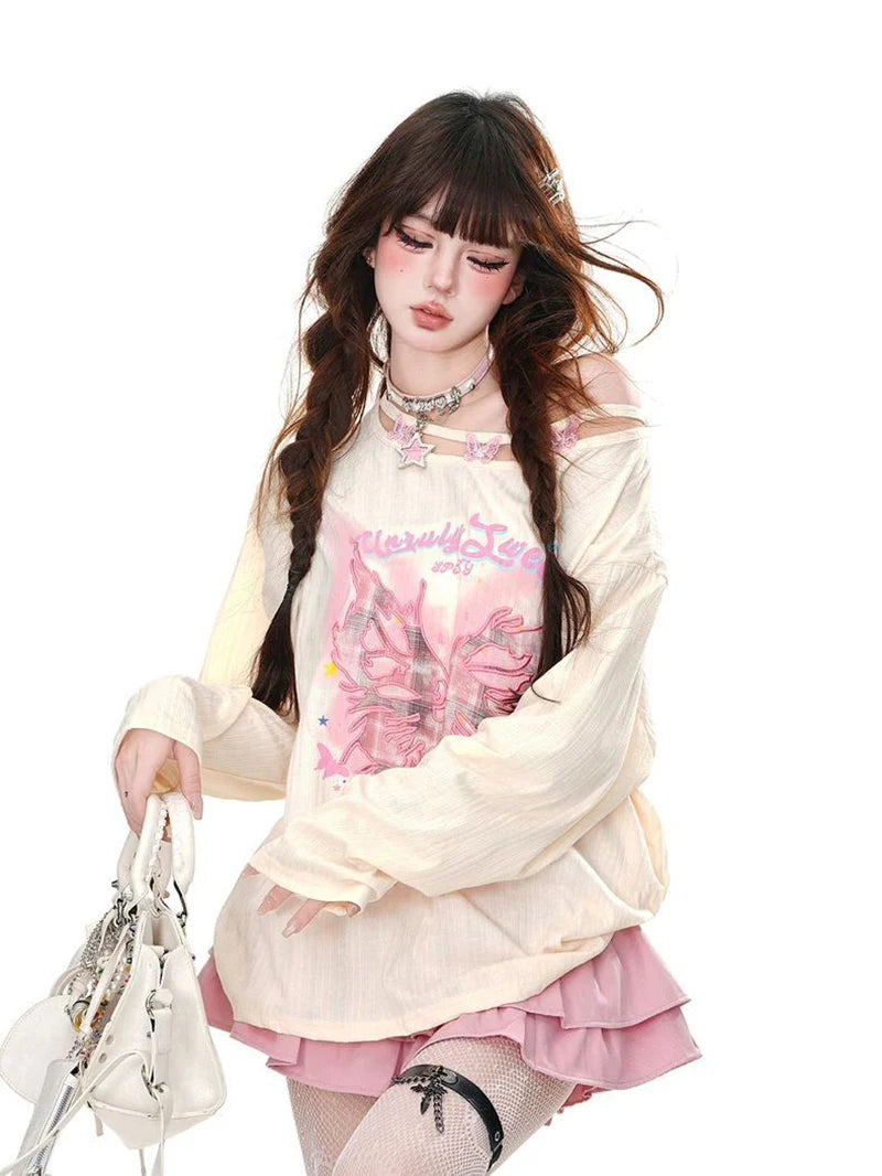 Streetwear Bufferfly T Shirt Women Loose Hollow Out Long Sleeve Vintage Tees American Sweet Casual Oversize Letter New Tops voguable