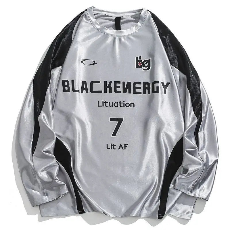 Men's American Retro Jersey Style Stitching Contrast Letter Printed T-shirts Trendy High Street Sports Leisure Long-sleeved Tops