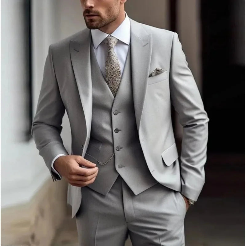 Voguable  New Solid Suits for Men Slim Fit Groom Wedding Suits Tuxedo Best Man Blazer Vest Pants 3 Pieces Fashion Marriage Costume voguable