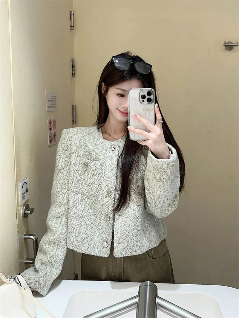 Sweet Women Slim Elegant Jacket Vintage Long Sleeve O Neck Fall Short Coat Korean Small Fragrance Single Breasted Lady Tops voguable