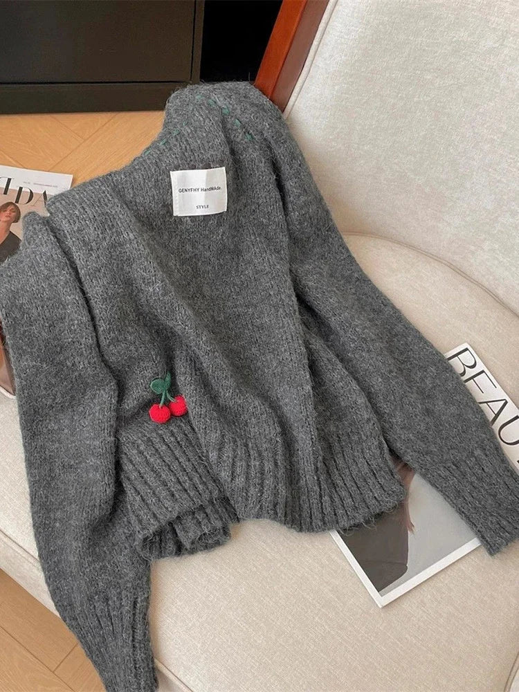 Cute 3D Cherry Sweaters Women Lazy Wind Long Sleeve Knitted Jumpers Japan Loose O Neck Female Kawaii Sweet Pullovers Tops voguable