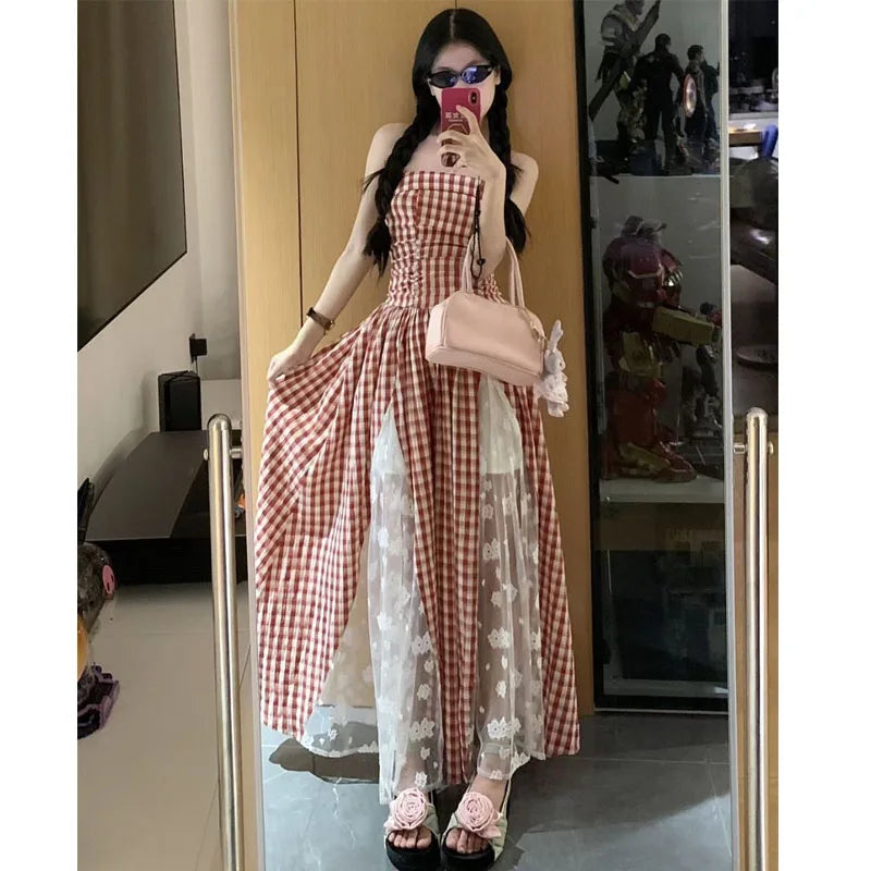 Voguable  Retro Strapless Long Dress Summer Patchwork Lace Dress Slim Women Sleeveless Striped Casual Dress voguable