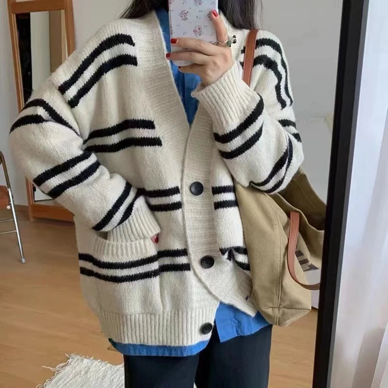 Women Cardigan Sweater Striped V-neck Button-up Sweater Jacket Comfy Cozy Slouchy Cardi Autumn Winter Casual Outfit voguable