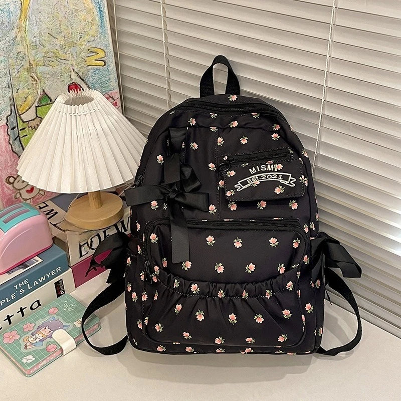 Korean Bow Chic Flower Print Backpack High-capacity Sweet Kawaii Fashion Schoolbags Casual Preppy Y2k Women Students Backpacks voguable