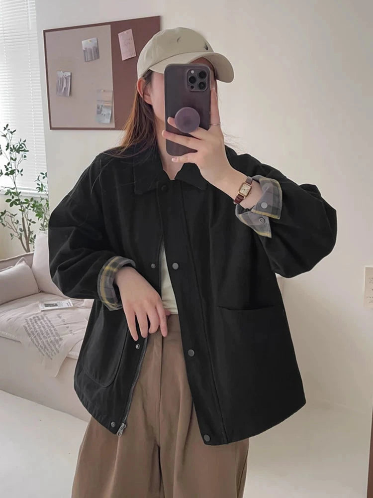Fall Women Cargo Jacket Loose Preppy Style Long Sleeve Vintage Coat Casual Big Pockets American Retro Solid Bf Outwear Tops voguable