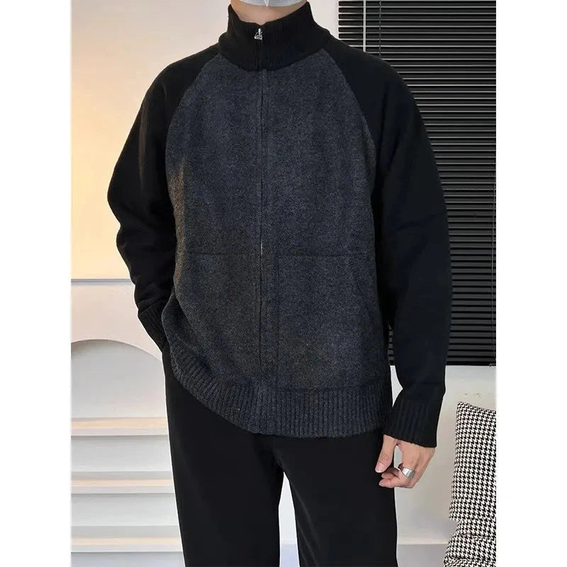 Autumn Men's Zipper Cardigan Jacket Casual Patchwork Stand Collar Long Sleeve Sweater Korean Premium Quality Knitted Outerwear voguable