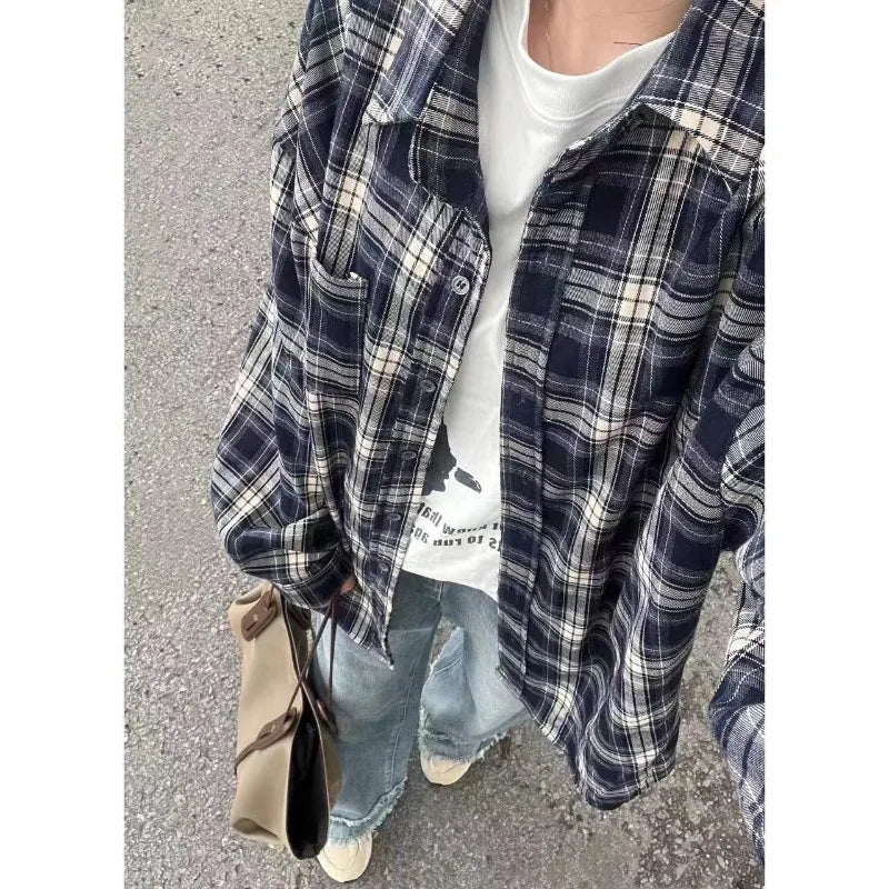 Vintage Plaid Shirt Women Loose Casual Medium Length Preppy Style Shirts Fashion Single Breasted Lapel Pocket Oversize Shirts voguable