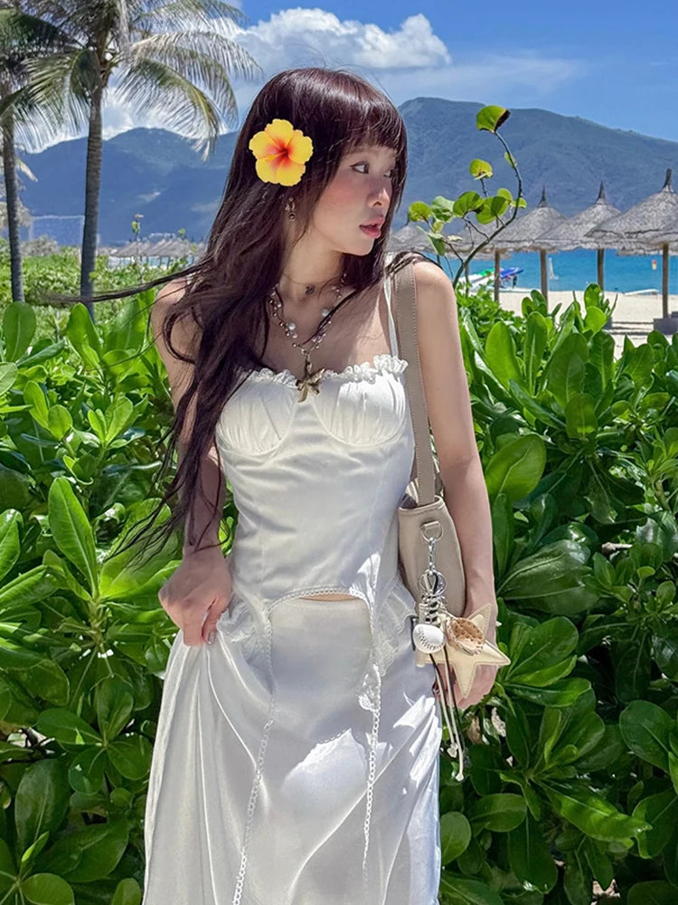 Patchwork Lace Camisole Women Y2K Strapless Fungus Edge Irregular Hem Tassel Skinny Backless Summer Sexy Classic Tops voguable