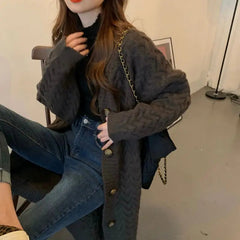 Midi Thicken Jacquard Sweater Coat Women's Clothing Autumn Winter New Vintage Solid Color Loose Knitted Ingle-breasted Cardigans voguable