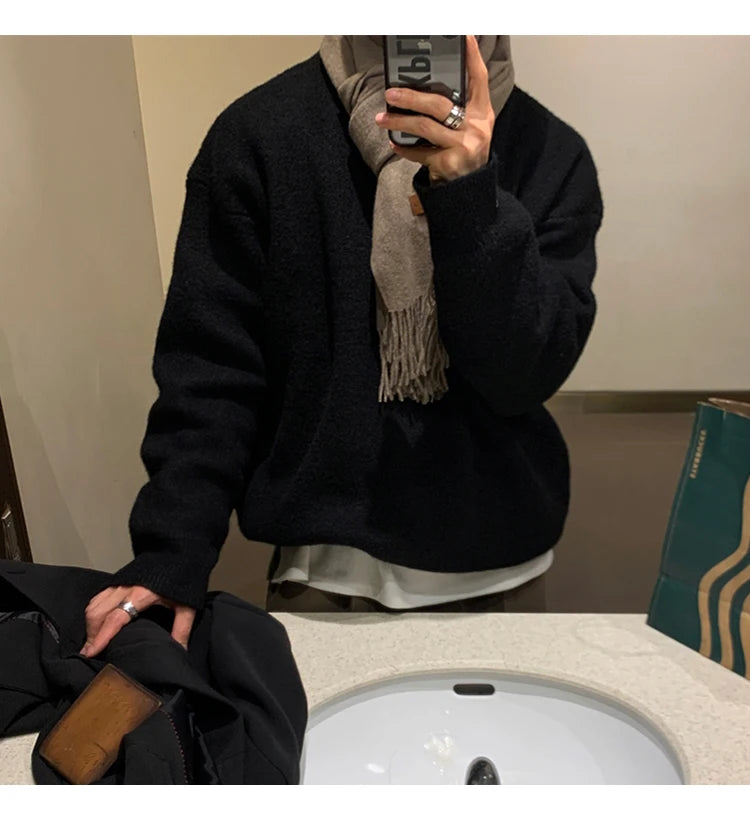 Men's Light Luxury Korean Popular Knit Pullover Sweater Fashion Retro O Neck Solid Color Long Sleeve Knitwear Streetwear Clothes voguable
