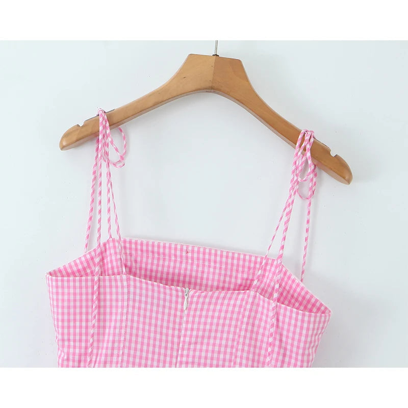 Sexy Spaghetti Straps pink Plaid Mini Dress Women Embroidery Lace Spliced Elegant A-line Summer Dresses Party Robe 2025 voguable