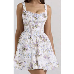 Floral Print Tank Mini Dress Women Lace Spliced O Neck Sleeveless A-line Holiday Casual Summer Dresses Party Robe voguable