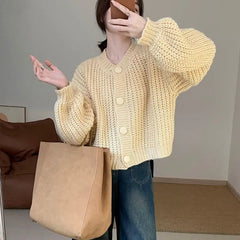 Warm Color Vintage Fashion Women Sweater Coat New Korean All-match V-Neck Knitted Lantern Sleeve Chic Loose Thick Cardigans Tops voguable