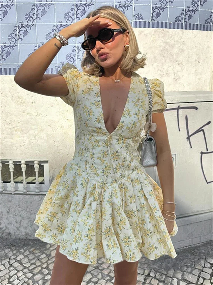 TARUXY Sexy Deep V Neck Women's Dresses 2024 Summer Fashion A-line Dress Female High Waist Pleated Printed Beach Party Dresses voguable