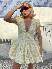 TARUXY Sexy Deep V Neck Women's Dresses 2024 Summer Fashion A-line Dress Female High Waist Pleated Printed Beach Party Dresses voguable