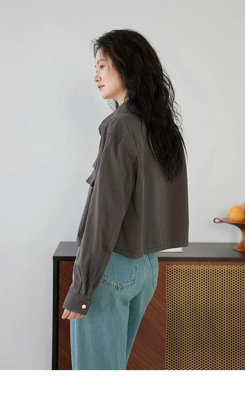 American Y2K Cargo Jacket Women Fall Casual Long Sleeve Vintage Short Coat Harajuku Turn Down Collar New Solid Hip Hop Tops voguable