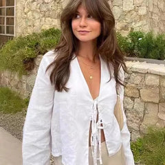 ALOBEE Loose Lace Up Bow Shirt Women Elegant V Neck Long Flare Sleeve Lady 2024 New Spring Summer Simple High Street Female Tops voguable