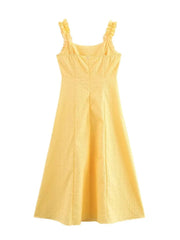 Fashion French Yellow Suspender Dress Long Dress 2025 Summer Ruflle Square Collar New Dress A-line Simple Fashion Woman Clothing voguable