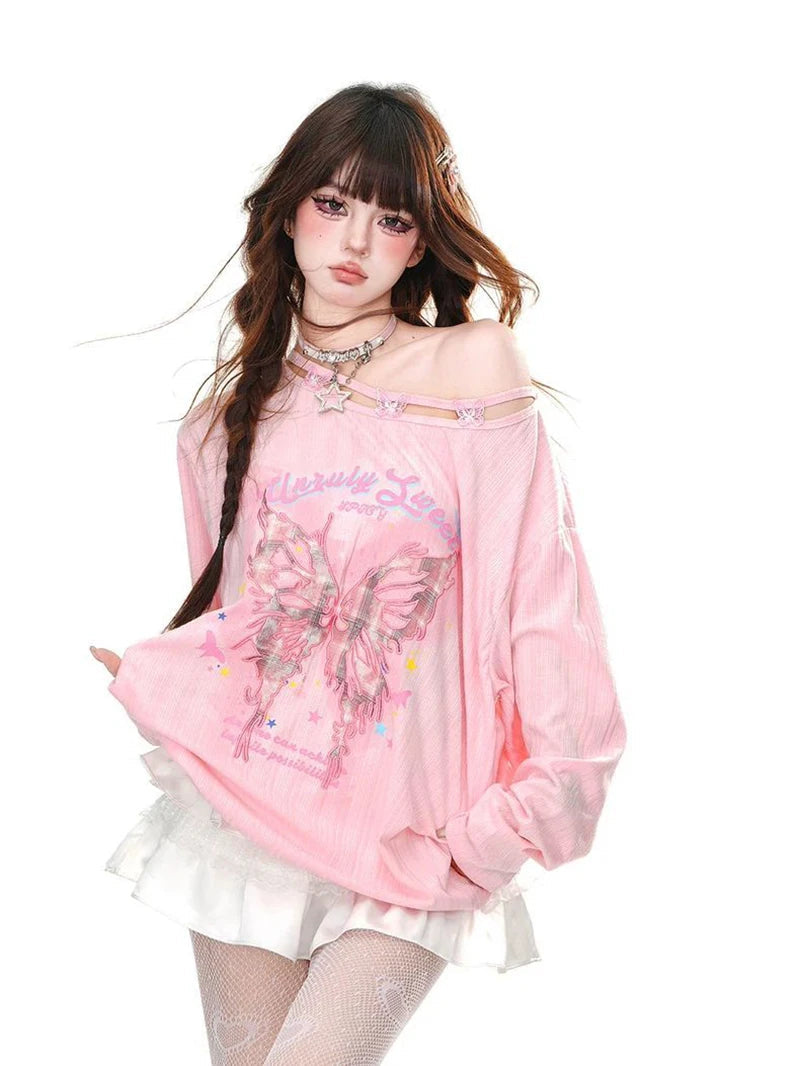 Streetwear Bufferfly T Shirt Women Loose Hollow Out Long Sleeve Vintage Tees American Sweet Casual Oversize Letter New Tops voguable