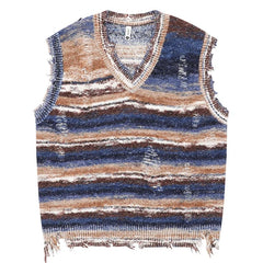 Autumn Men Sleeveless Knitted Jumper Sweaters Hip Hop Ripped Striped Knitwear Vests Streetwear Harajuku Fashion Casual Pullovers voguable
