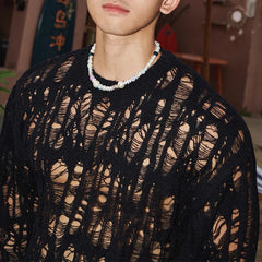 Sexy Hollow Out Mesh Knit T Shirts Men See Through Ripped Crew Neck Pullover Tops For Mens Spring Fashion Knitting T-shirt