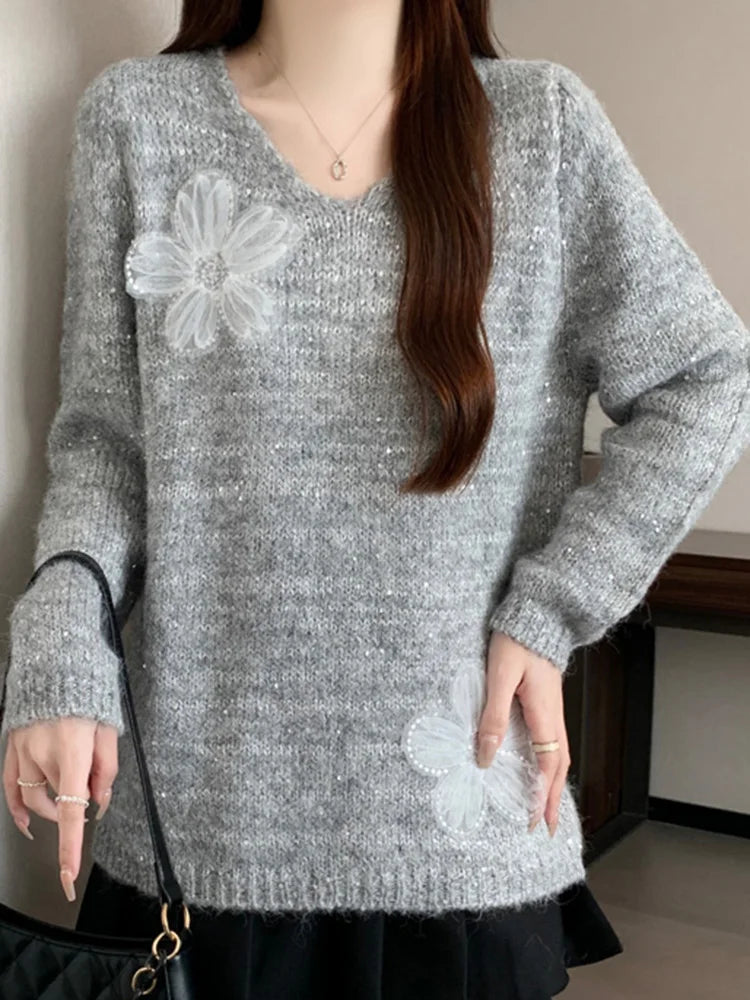 3D Floral Sweet Sweaters Women Loose Fashion V Neck Elegant Knitted Jumper Casual Chic Korean Female Fall Winter Long Sleeve Top voguable