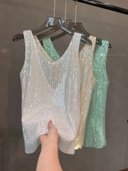 Voguable  New European and American Sequined V-neck Vest Worn Inside A Suit Bottoming Shirt and Worn Outside A Sparkling Top voguable
