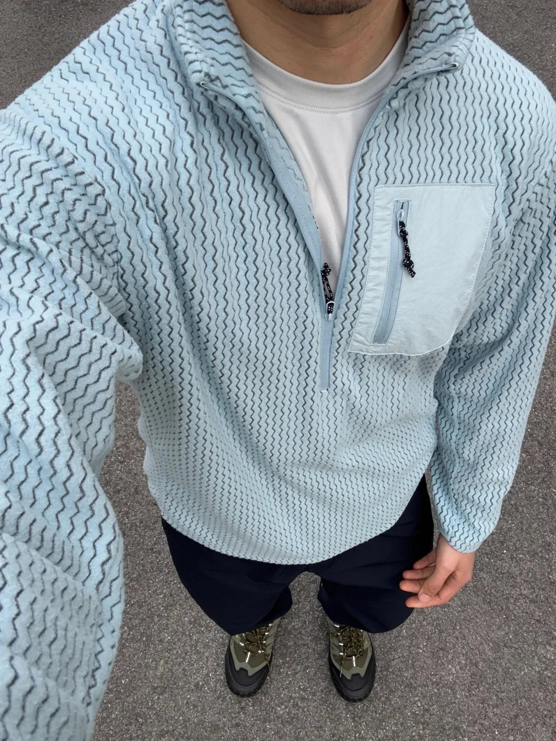 Voguable  Outdoor Half Zipper Fleece Sweatshirt Couple Style Stand Collar Wave Texture Thermal Casual Men's Women's Warm Cardigan Sweater voguable