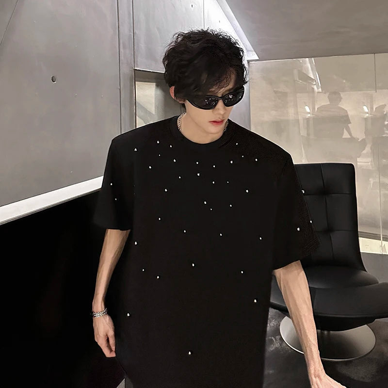 Metal Pearl Embellished Men Round Neck Cotton Tshirt man Breathable Comfort Casual 2024 Trendy Tee Top Fashion Loose Fit Plain voguable