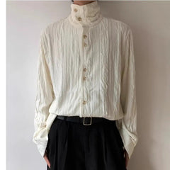 High-end Pleated Texture Shirt Men Draped Loose Casual Top French Retro Long-sleeved Shirt Unisex Vintage Elegant Button Blouse voguable