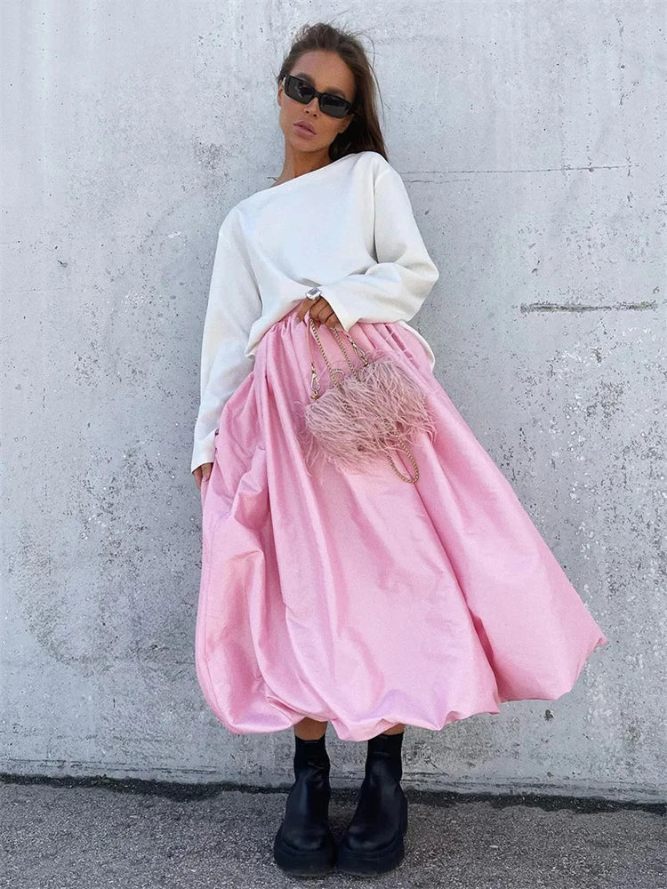 TARUXY Silk Satin White Maxi Skirt Long Ruffled Pleated Skirts Elegant Lantern Pants A-Line Silk Long Skirts For Women 2023 New voguable