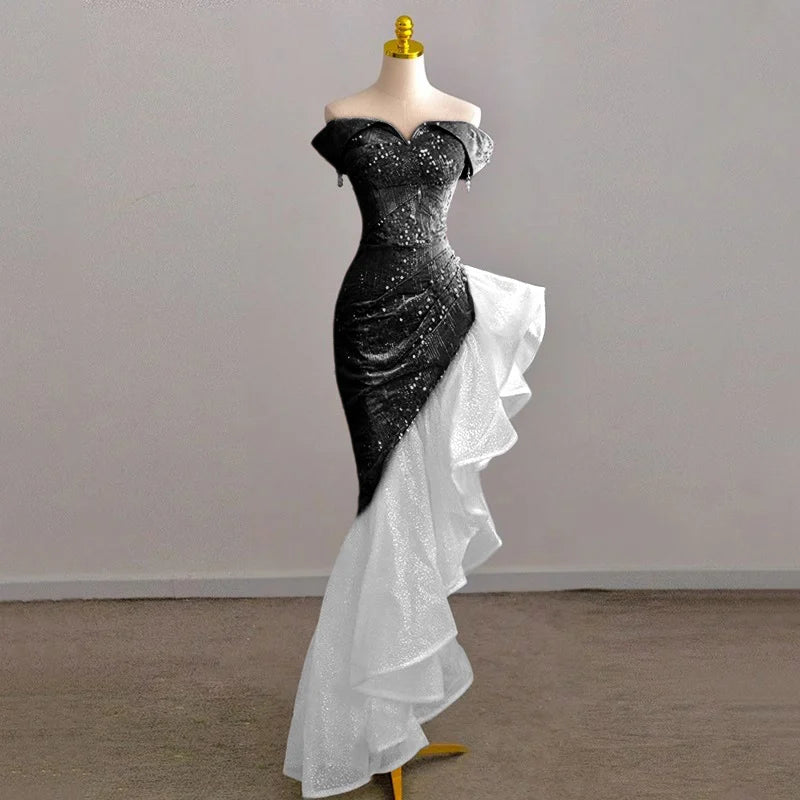 Voguable Host Evening Dress Luxury Dress Party Sexy Skirt Bare Chest And Sleeveless Dress Party Bridal Toast Dress Pink Glitter Skirt voguable