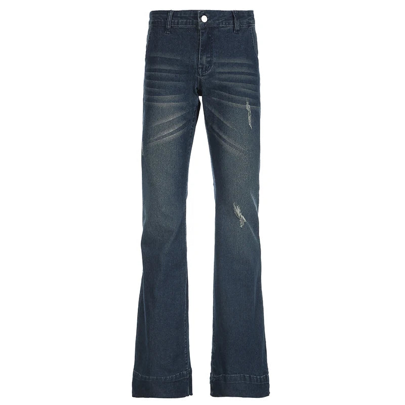 Blue Low Rise Flare Jeans Vintage 2000s Slim-fitting Denim Pants Korean Style Women Trousers y2k Distressed Mom Jeans 90s voguable