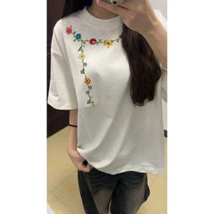 100% Cotton White Embroidered Flowers Short Sleeve for Women Casual Men O-Neck Streetwear Tees oversize Pullover Unisex T-Shirts voguable