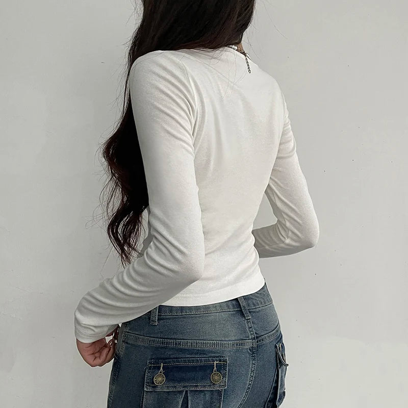 Voguable Gentle Elegant Lace Patchwork Knitted Cropped Top White Coquette Slim Long Sleeve T-shirts Fall Cute Casual Knitwear voguable