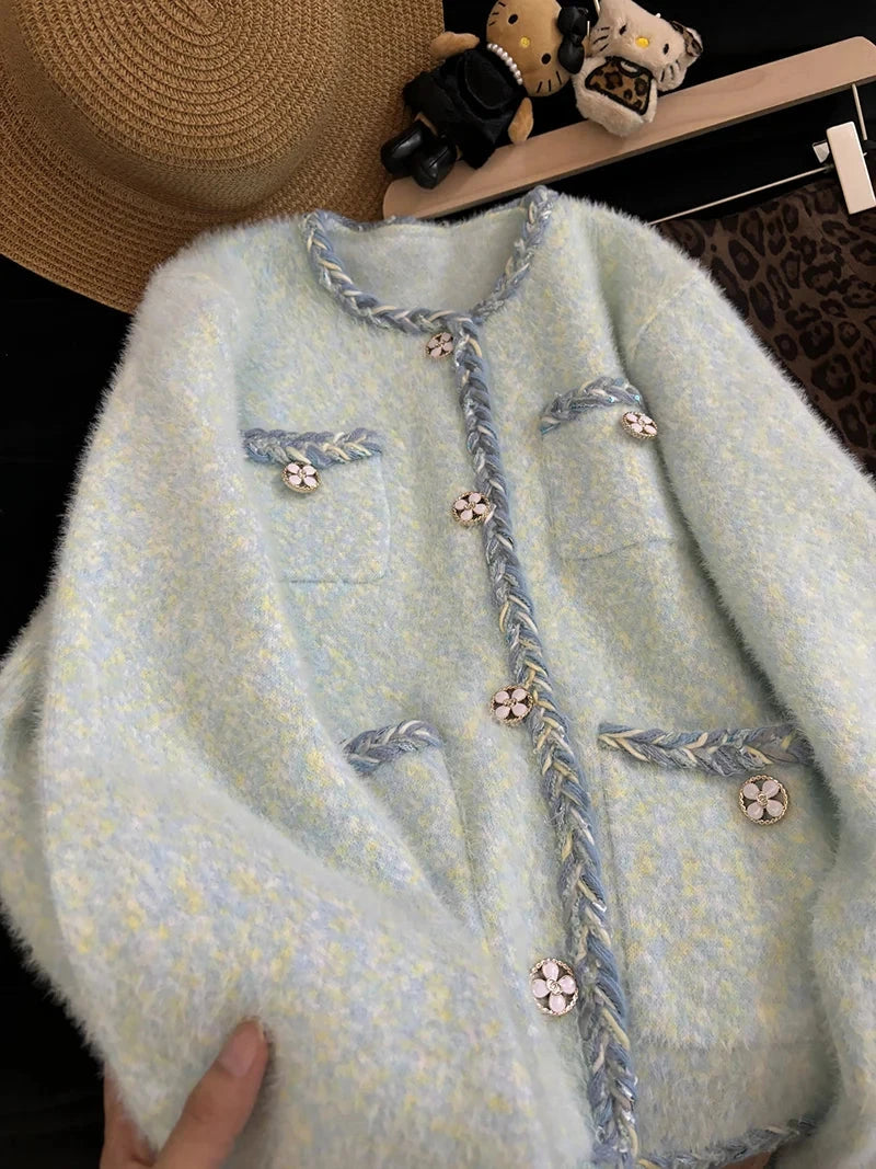 Faux Mink Cashmere Cardigan Coat Women Loose Sweet Long Sleeve Korean Knitted Jacket Sweater Fall Winter O Neck Cute Fashion Top voguable