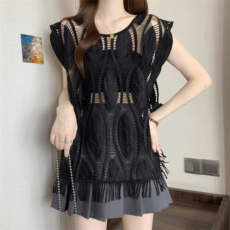 Voguable  Summer Pullovers Blouse New Sleeveless Hook Flower Hollow Vest Shirt Loose Casual Women Tops voguable
