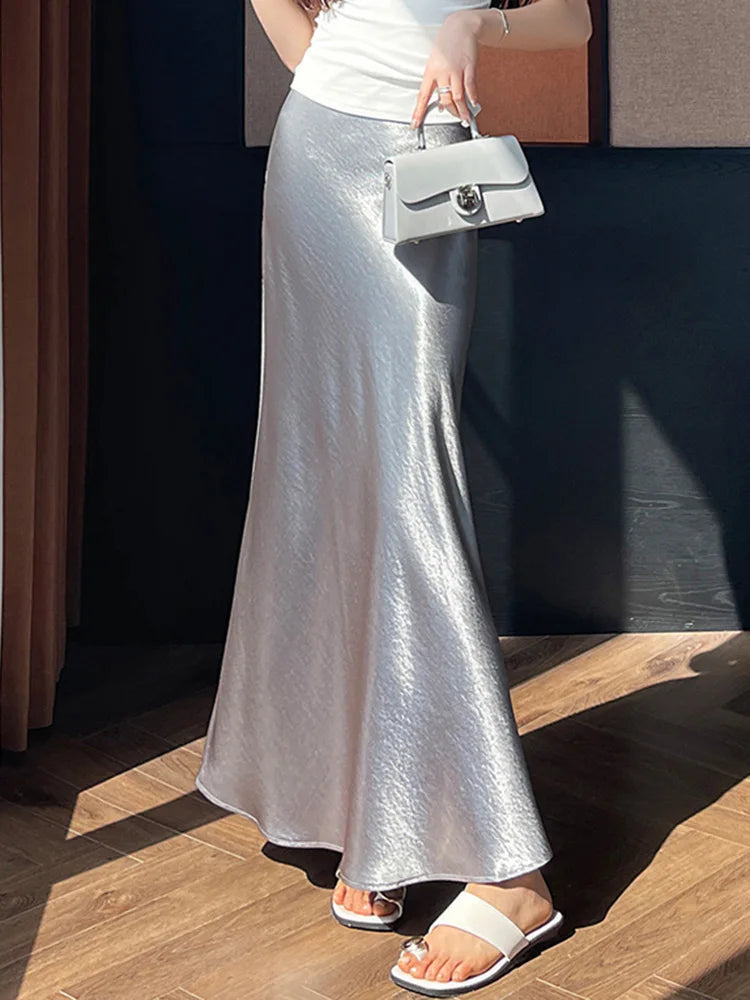 Chic Satin Elegant Long Skirt Women Casual Fashion High Waist Sweet Trumpet Skirts Slim Summer Female Korean Long Skirts voguable