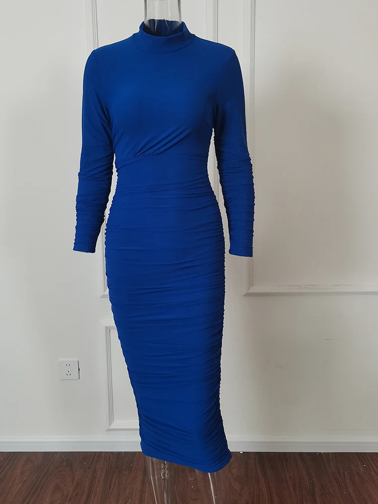 Voguable  Y2k Solid Color Bodycon Party Long Dress Elegant Long Sleeve Slim Fit Party Dress Skinny O-neck Women's Floor-length Dress voguable