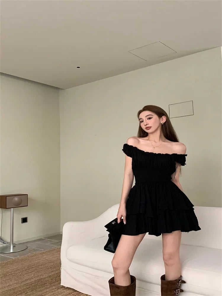 Voguable White Off Shoulder Short Sleeved Vest Dress for Women Summer Sweet Spicy Pleated Ruched Waist Boho Short Dresses Tank Dress voguable