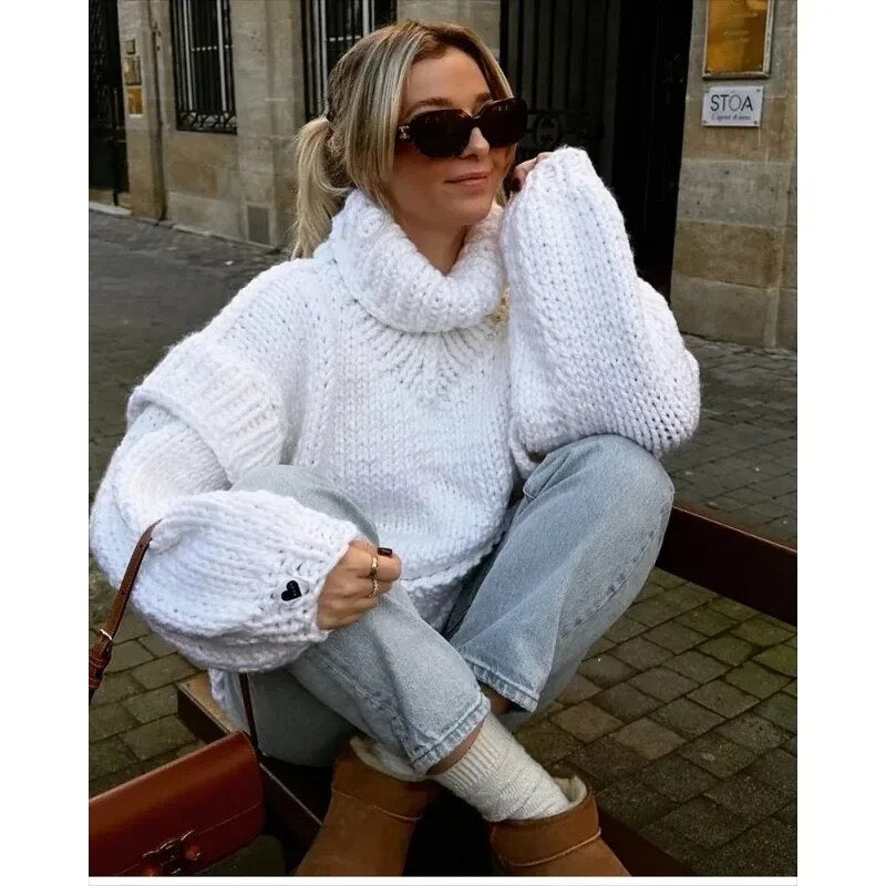 Women Solid Knit Turtlrneck Sweater Casual Oversize Lantern Long Sleeve Thick Warm Pullover New Autumn Winter Loose Top Knitwear voguable