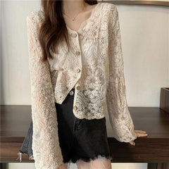 MEXZT Vintage Lace Blouse Women Sheer Long Sleeve Sunscreen Shirt Cardigan Vacation Korean Elegant Casual Sun Protection Top voguable