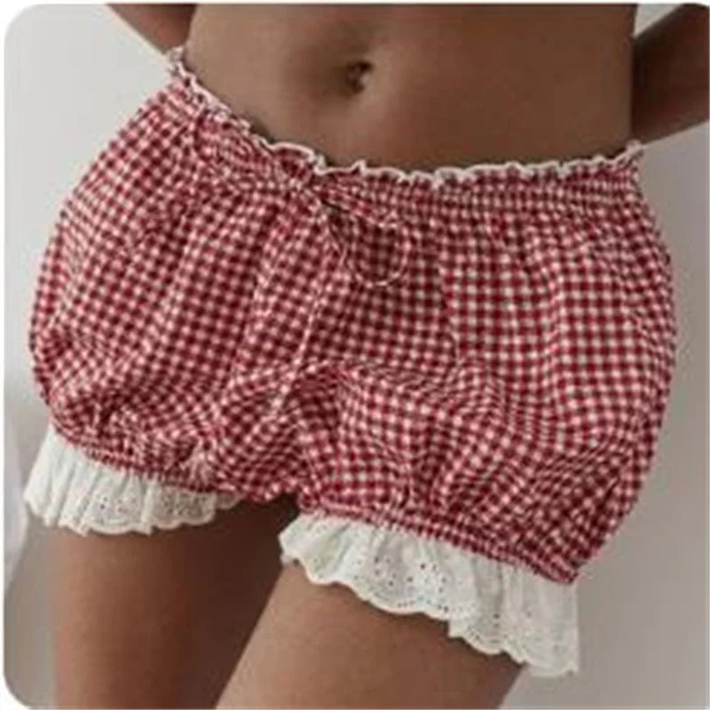 y2k Bloomers Women Solid Color/Plaid Print Ruffle Trim Elastic Low Waist Hot Pants Coquette Aesthetic Shorts Loungewear voguable