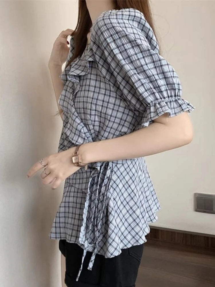 Ruffles Vintage Plaid Blouse Women Causal Sweet Slim Short Sleeve Shirt Korean Retro Female Lace Up Elegant Design Tops New voguable