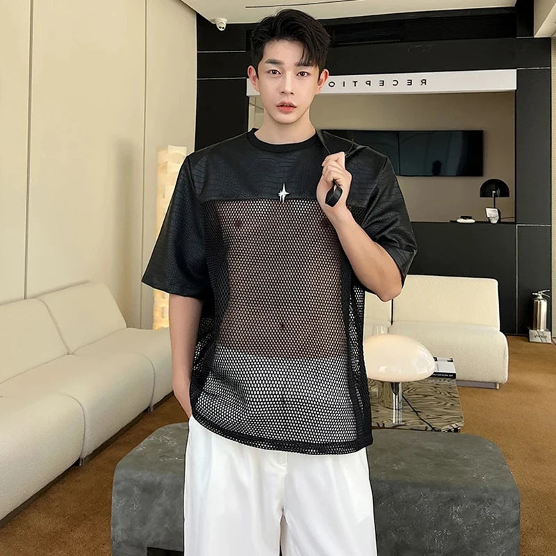 Voguable  Hollow Out Mesh Splicing Design T-shirt Short Sleeve Men's 2024 Summer Street High Quality Solid Color Trendy Tops voguable