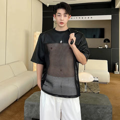 Voguable  Hollow Out Mesh Splicing Design T-shirt Short Sleeve Men's 2024 Summer Street High Quality Solid Color Trendy Tops voguable