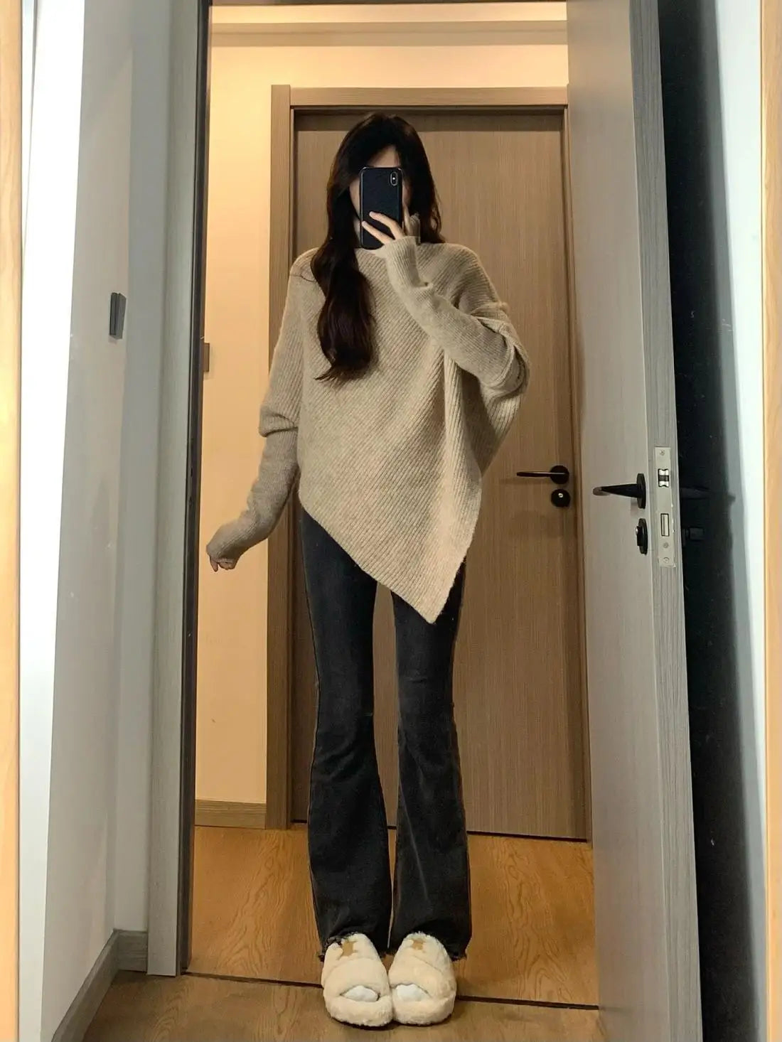 Autumn Winter New Women Sweater Korean Fashion Chic Casual Turtleneck Solid Asymmetr Loose Batwing Sleeve Pullovers Knitted Tops voguable